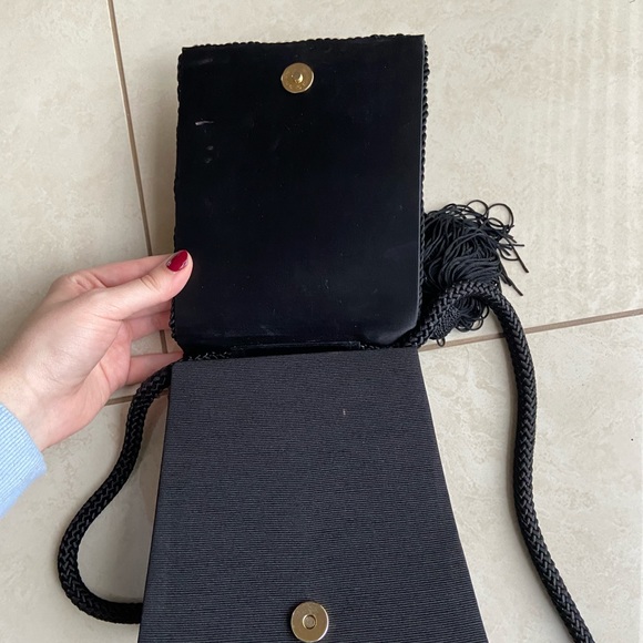 Black Unique Cord Top Handle Bag with Tassel and Crossbody Strap - Picture 3 of 4